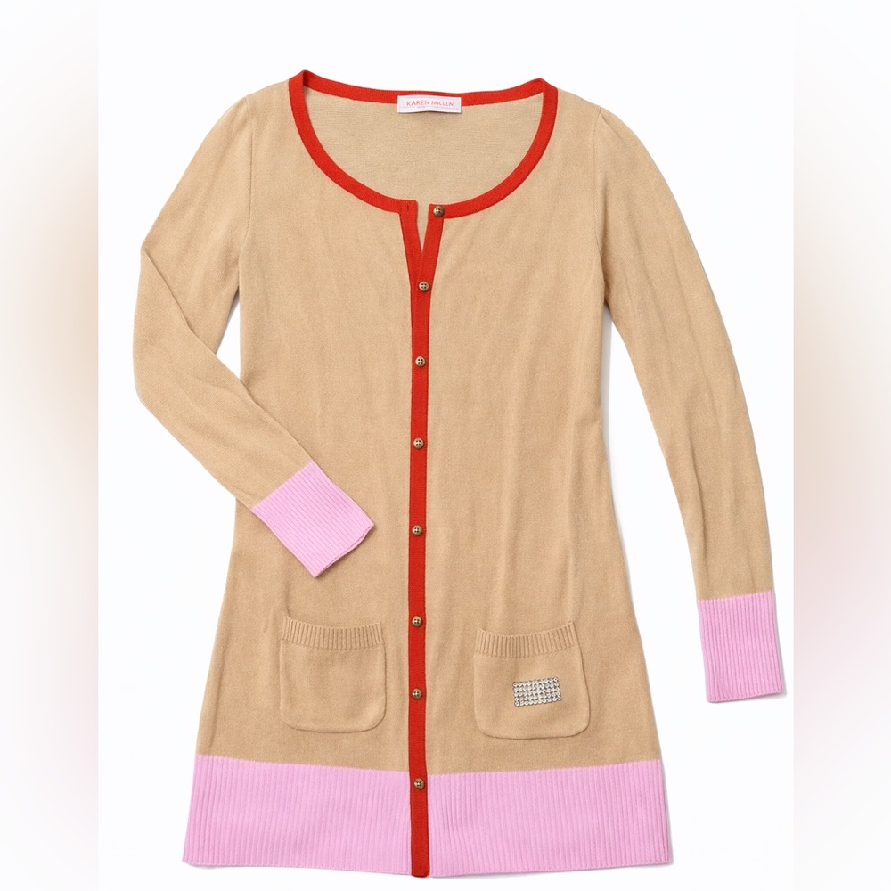 Tan Cardigan with Pink and Red Accents